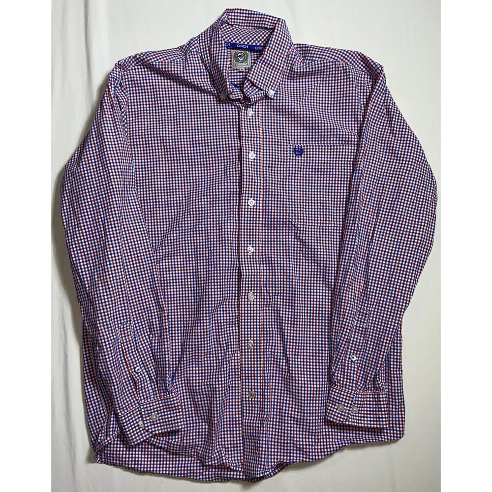 Cinch Men's Button Down Shirt Red, White & Blue Plaid Western Cowboy Size Medium